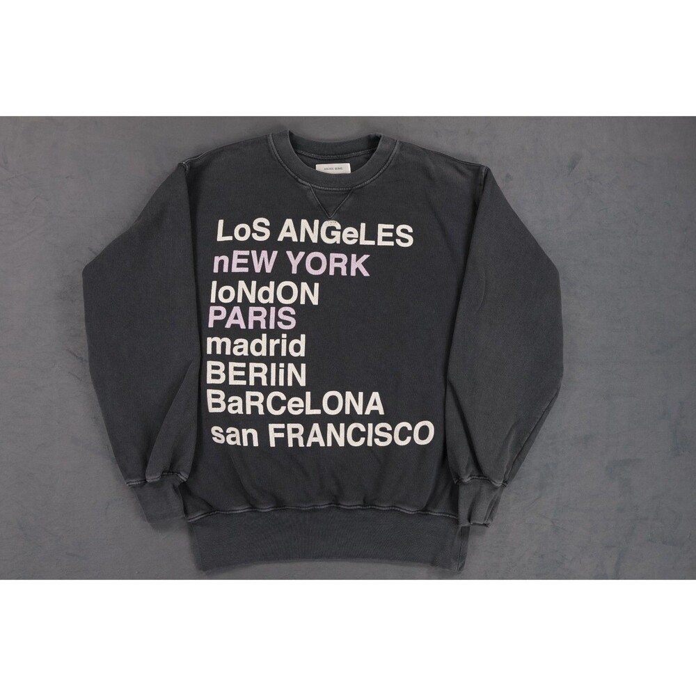 Anine Bing Womens XS Washed Black World Cities Graphic Crewneck Sweatshirt